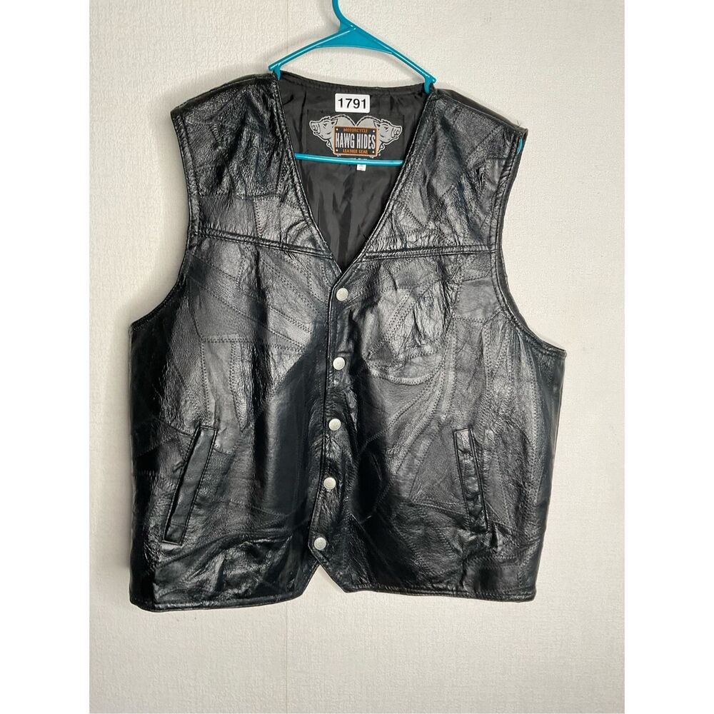 Vintage Hawg Hides Motorcycle Black Leather Vest Men’s 2X Full Snap Patchwork‎